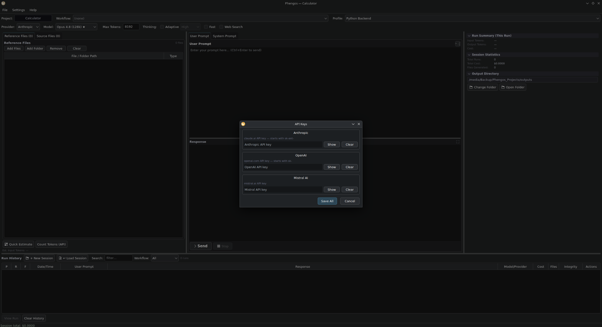API keys dialog with masked provider key fields