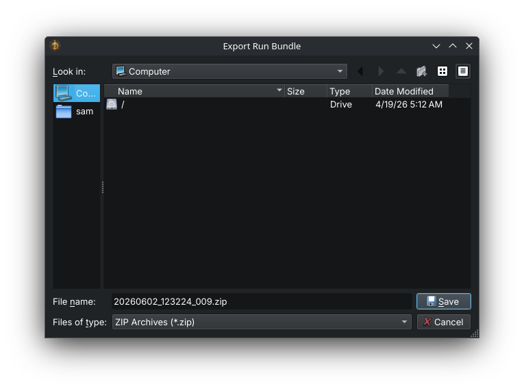 The Export Run Bundle save dialog producing a ZIP of the run