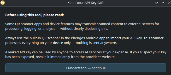 PhengosQR safety notice before generating an API-key QR code