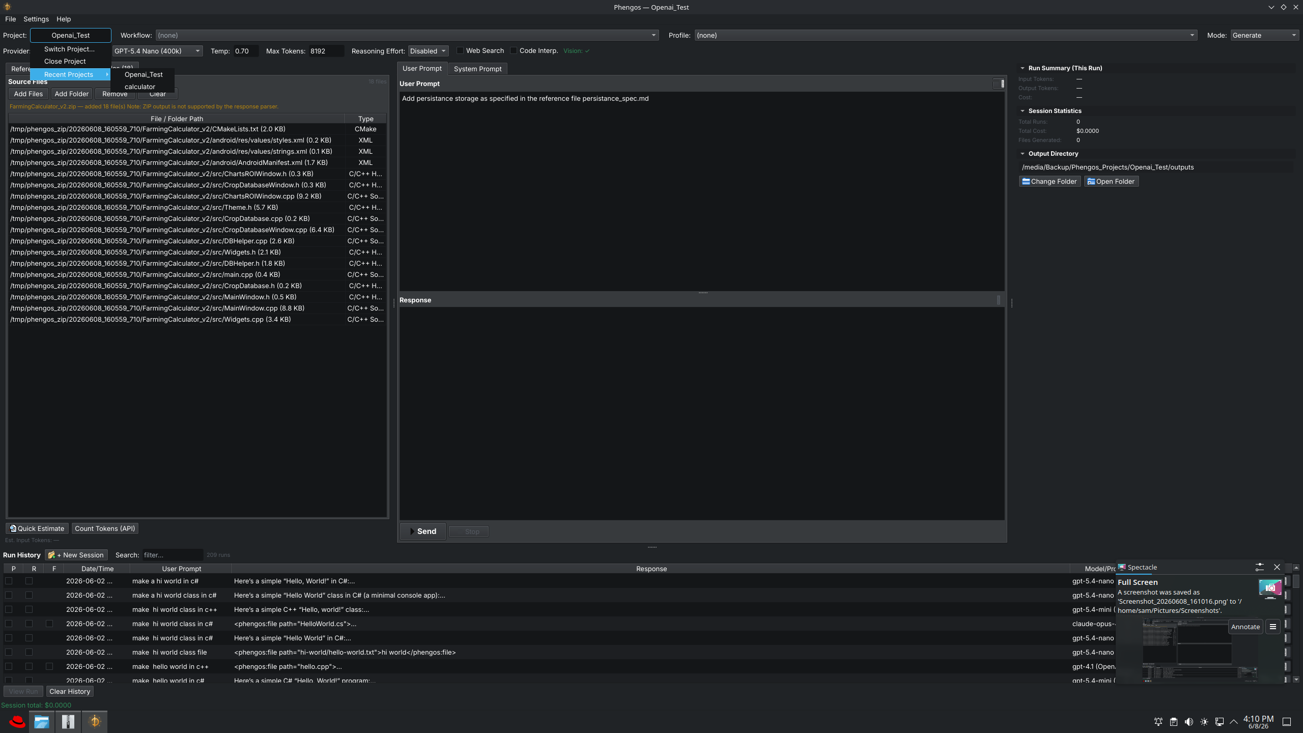 The Recent Projects submenu listing previously opened projects